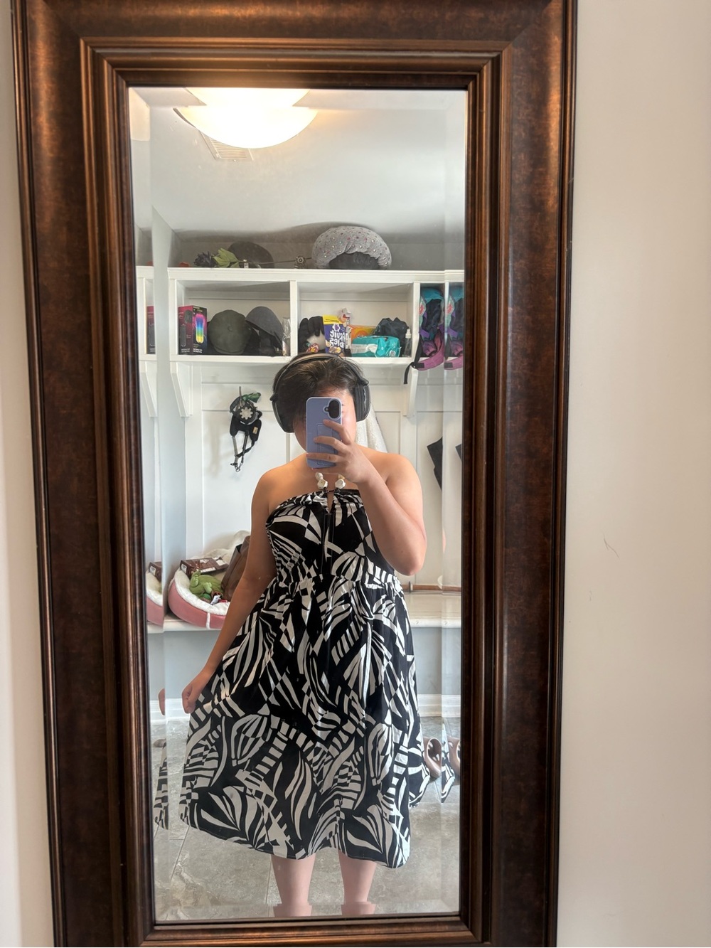 Black & White Strapless Tropical Print Dress